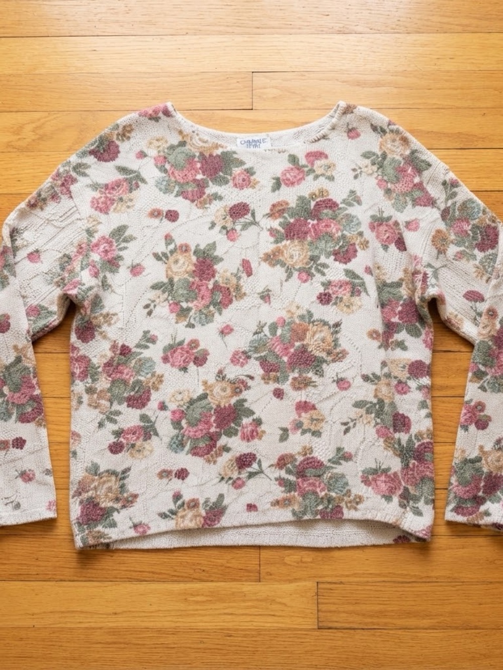 Cozy Floral Crewneck Sweater - Cream with Pink & Green Floral